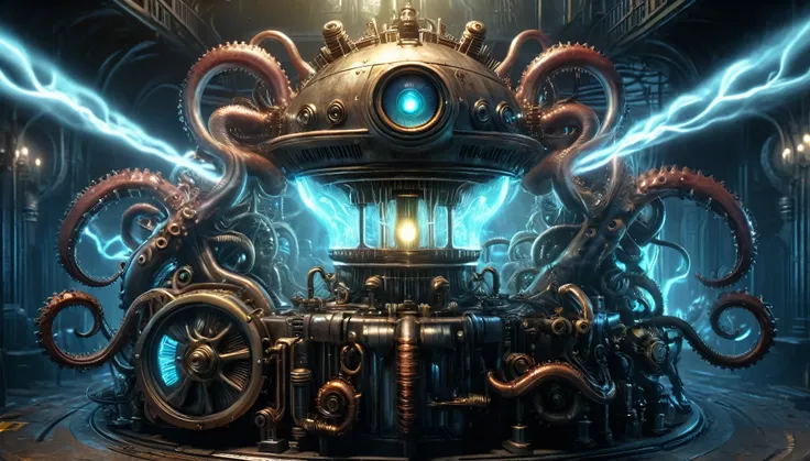 mechanical eye glows with an otherworldly light, Vibrant Kraken, 8k photorealistic, cinematic lighting, HD, high details, dramatic, dark atmosphere, perfect composition, vibrant, lush, glossy, elegant, unreal engine, inspired by HR Giger, half body portrai...