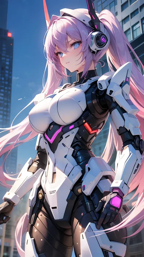 (((Best quality, 8k, Masterpiece: 1.3)), ((best quality)), ((masterpiece)), (detailed), perfect face, Female android, artificial intelligence, robot, metal frame, cyberspace, science fiction, laser gun, mechanical body, purple hair, sidelocks, low twintail...