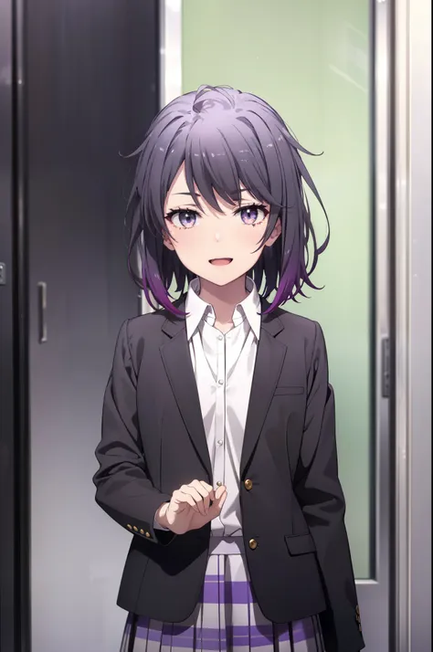 harunoyukinoshita, haruno yukinoshita, short hair, Hair between the eyes, (Iris:1.5), Black Hair, Gradient Hair, Two-tone hair, Purple Hair, happy smile, smile, Open your mouth,
break skirt, shirt, ribbon, , Jacket, white shirt, Open clothes, open Jacket, ...