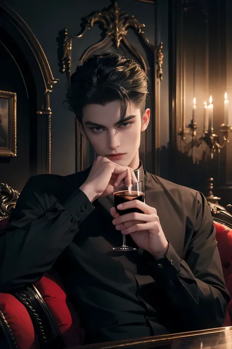 ((Best quality)), ((masterpiece)), 8k (detailed), ((perfect face)), perfect proporcions, ((halfbody)) he is a handsome vampire, he is 18 years old, he has long black hair, he wears a black shirt open at the chest, he is drinking whiskey from a glass, he is...