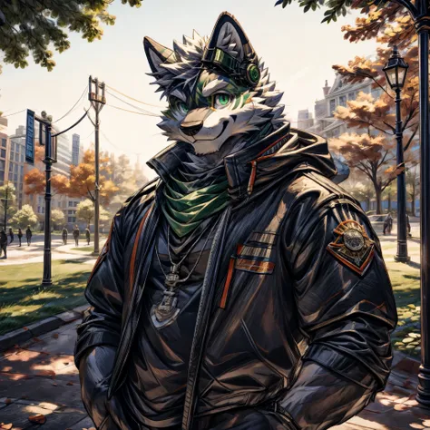 masterpiece,High quality,furry,one man,(rikaon),(green eye),Put headphones around your neck,Smile,park,perfect background