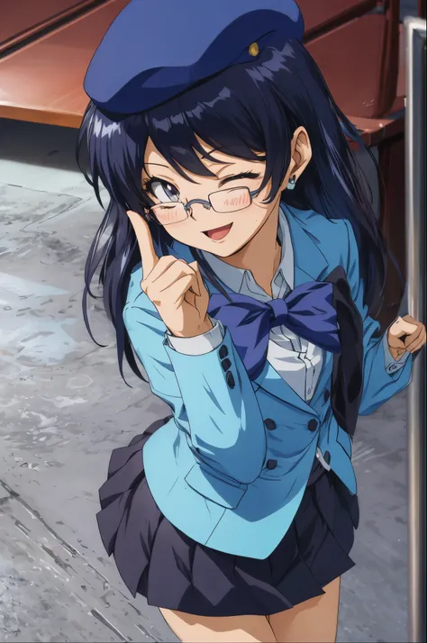 upper body,(paw pose),nogami aoi,glasses,beret,long hair,dark blue hair,(light blue blazer),neck ribbon,long sleeve,miniskirt,open mouth,smile,blush,alley,masterpiece,Noise Reduction,perfect anatomy,high resolution, ultra-detailed,game cg,dutch angle ,beau...