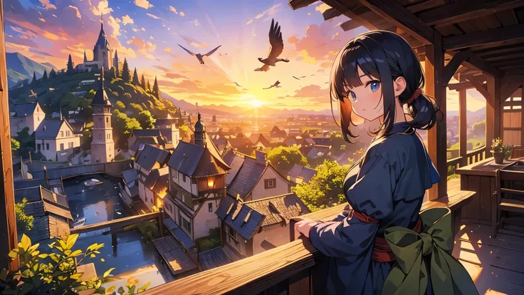 masterpiece、highest quality、High definition、anime、Medieval Europe、Fantasy、The rising sun、((Adventurer watching the sunrise))、You can hear birds singing、Idyllic village、A peaceful village morning as villagers start their day、A tranquil atmosphere created by...