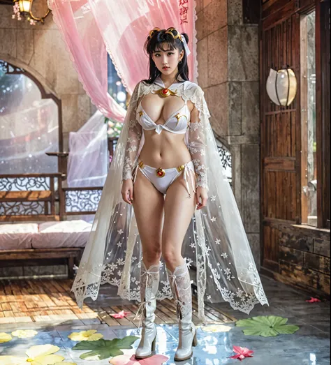 Sailor Moon, short hair, full body armored, Sexy white bikini underwear,Lace lingerie， Long-legged girl, Put on your boots, ,full body xianxia, Huge breasts，looks shy, Sad face, Fantasy Costumes, Transparent underwear, Lace underwear, Wearing a long cape