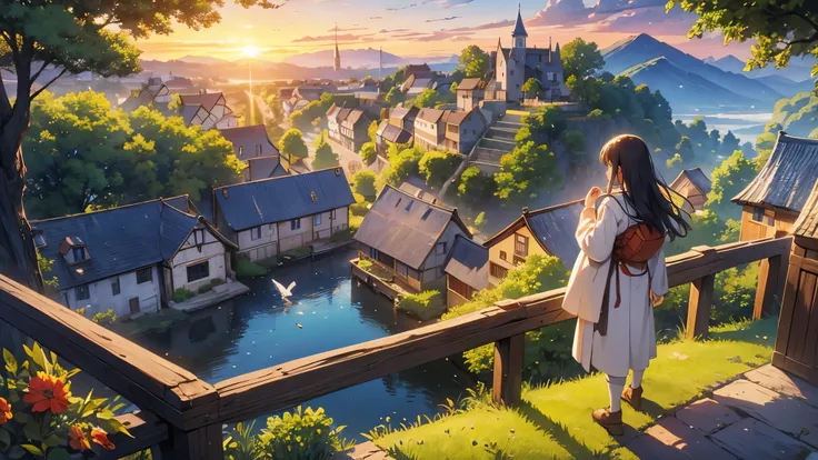 masterpiece、highest quality、High definition、anime、Medieval Europe、Fantasy、The rising sun、((Adventurer watching the sunrise))、Looking away、You can hear birds singing、Idyllic village、A peaceful village morning as villagers start their day、A tranquil atmosphe...