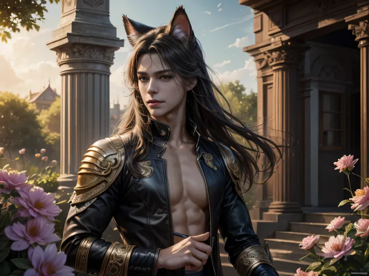 (Best Quality, 8K, Masterpiece, HDR, Soft Lighting, Picture Perfect, Realistic, Vivid), There is a garden with blue and pink flowers, there is a handsome man with cat ears lying on the grass, he has beautiful gray eyes and a kind smile, dark hair, he has a...