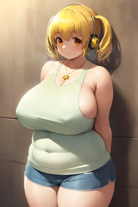 masterpiece, best_quality, 1girl, solo, super pochaco, blonde hair, (plump), chubby, thick, huge breasts, tank top and shorts