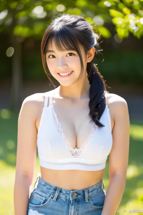 Lens 135mm f1.8, (highest quality),(RAW photo), (arms at sides:1.1), (Beautiful 15 year old Japanese girl), cute face, (deeply carved face:0.7), (freckles:0.6), dappled sunlight, , (japanese school uniform:0.1), sport bra, (inside the school), shy, short t...