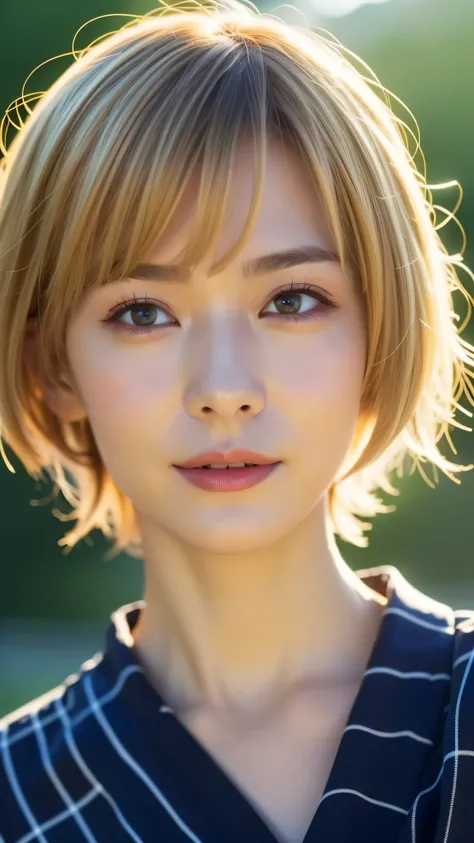 Close-up photo of a girl、short hair、Blonde、Wearing a yukata、Hot spring in the background、Natural hot springs, top quality、Realistic、Photorealistic、(Intricate details:1.2)、(Subtle details)、(Cinematic light、Top quality backlighting)、Clear lines、Sharp focus、A...