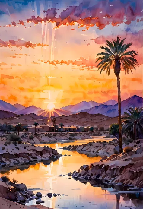 traditional watercolor painting (water color art: 1.5), an award wining, water color art, of an oasis (masterpiece, best detaile...