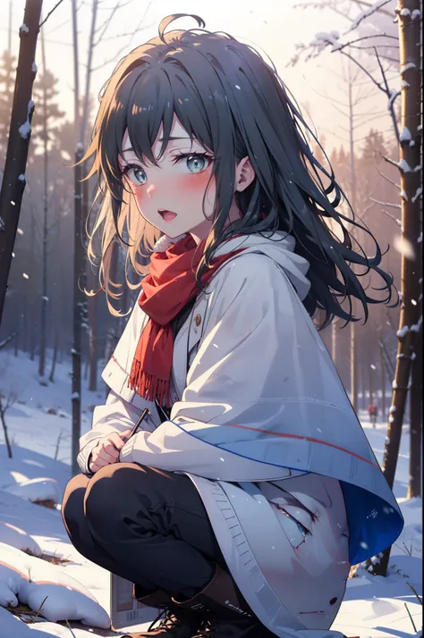 yukinoyukinoshita, yukino yukinoshita, black hair, blue eyes, long hair, ahoge,smile,blush,white breath,
open your mouth,snow,gr...