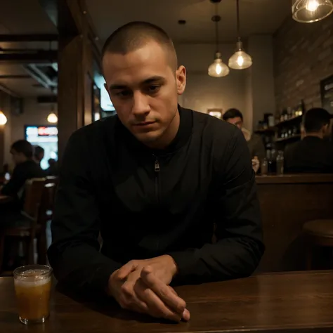 An introverted man in his mid-twenties sits alone at a corner table in a dimly lit bar. He has a military-style buzz cut, reflecting his preference for low-maintenance grooming. Dressed in a black jacket, he keeps it zipped up, giving off an air of self-co...