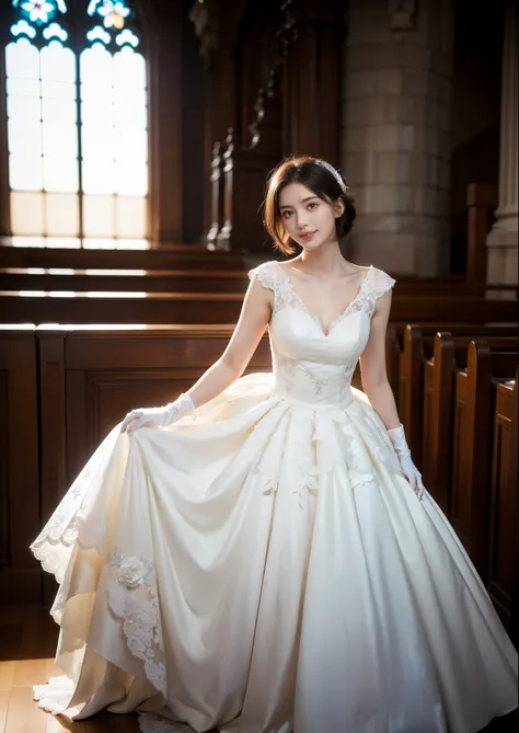 Beautiful 25 year old  woman。She is wearing a wedding dress and white gloves. She is smiling on illuminated by the evening church lights on the romantic sunset time.  her dark brown short length hair. High resolution、masterpiece、highest quality、頭w:1.0、((Ha...