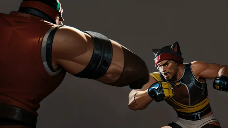 splash art punching league of legends style male sett heartsteel, muscular man leather vest with cur collar, red short hair with beanie and cat ears, street wear figerless leather gloves, main colors are black and yellow, alot of straps