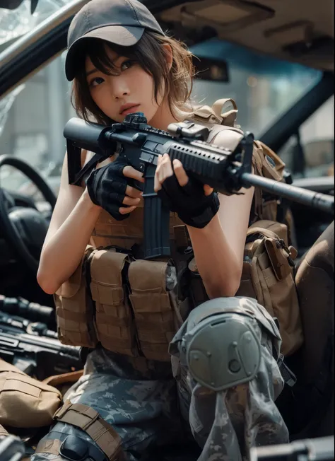 ８ｋ,Realistic Skin Texture、Superrealism、Realistic Photo、Japanese Women in the U.S. Army、Bulletproof vest、Automatic rifle、backpack、cap、Heavy equipment、Hide behind a car、Waiting for a chance to counterattack、anger、Scattered rubble、Dynamic action pose