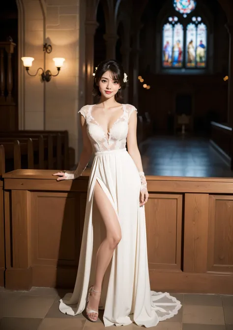 Beautiful 25 year old  woman。She is wearing a wedding dress and white long length gloves. She is smiling on illuminated by the evening church lights on the romantic sunset time.  her dark brown short length hair. High resolution、masterpiece、highest quality...