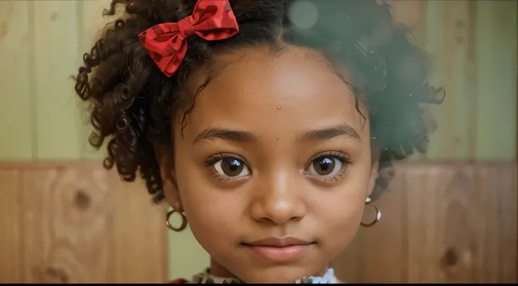 Realistic scene with a little black girl with curly afro hair having a red bow on the right side of her hair, dressed in a green sweater adorned with a festive red pattern. The setting is intimate, with wooden panels softly blurred in the background, sugge...