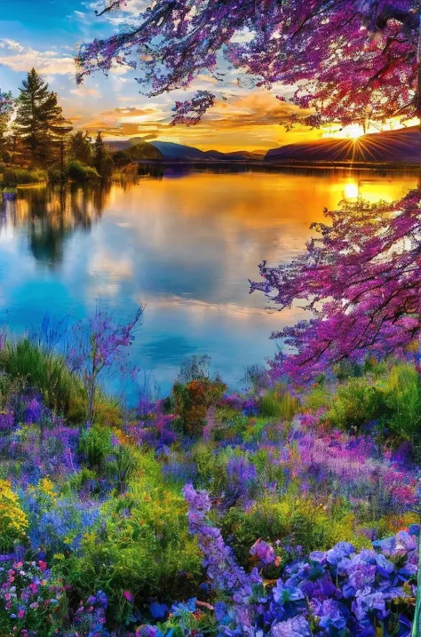 (Best quality, 8K, a high resolution, masterpiece:1.2), stunning sunset over majestic mountains, crystal clear lake, reflective bright colors, blooming flowers in the foreground, convey the essence of the beauty of nature, incredible depth and perspective,...