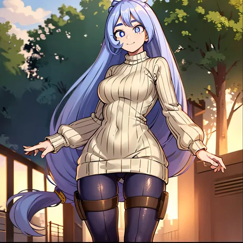 1 girl, alone, nejire hado,nejirehadou, long hair, blue eyes, very long hair, blue hair, (bright pupils: 1.5), smile, (beige ribbed sweater: 1.4), bare legs, standing, outdoors , city , (cowboy shot: 1.5), (masterpiece: 1.2), best quality, high resolution,...