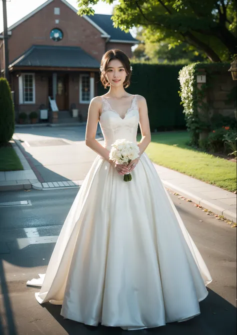 Beautiful 16 year old  woman。She is wearing a wedding dress and white long length gloves. She is smiling on illuminated by the evening church lights on the romantic sunset time.  her dark brown short length hair. High resolution、masterpiece、highest quality...