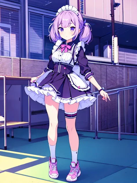 1girl excellent quality 8k prefect anatomy  hair 2 Colors  white blue pigtails purple eyes maid costume  techno cyberpunk  Mini skirt long stockings with sneakers with great detail  