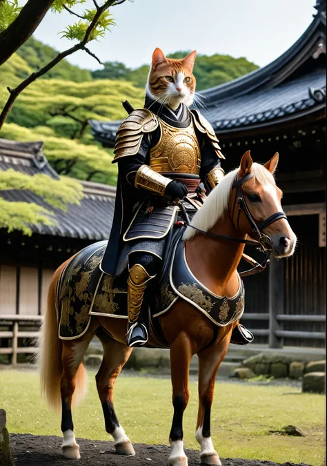 Anthropomorphic cat wearing old Japanese samurai armor、Wearing the black armor of a samurai、Brown tabby pattern、In front of the ruined shrine、to ride a horse、Moonlit Night、lush vegetation、Old tales、Like a movie、8K、16K、Detailed、dramatic、real、