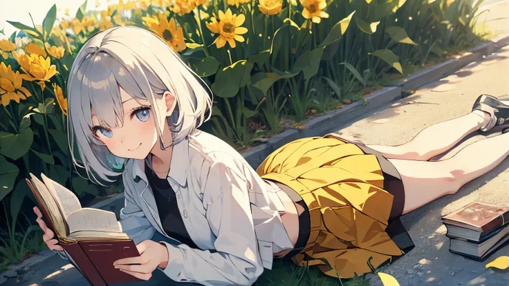 （Cute older sister:1.3）、Long eyelashes、smile,Spring atmosphere、noon、Aggressive、hot、((Strong winds))、whole body、Shining Eyes、sneeze、pollen,Reading a book,whole body,One Woman,mini skirt