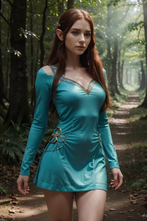 a beautiful detailed elf girl, Karen Sheila Gillan, flawless skin, piercing blue eyes, delicate facial features, pointed ears, long red hair, elegant elf costume, intricate elven pattern on dress, standing in a magical forest, sunlight filtering through th...