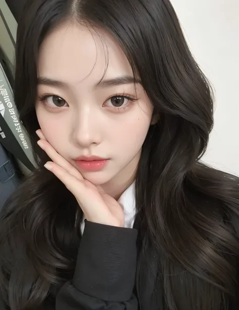 Close up of woman with long hair and black jacket, Best Face, Wow lovely Korean face, Jinyoung Shin, Jaeyeon Nam, Korean woman, Young and lovely Korean face, Korean facial features, Beautiful Korean Woman, With a pretty face - it's okay -, beautiful ae...