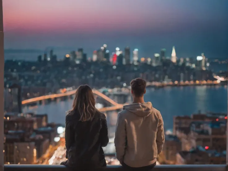 last date before apocalypse, guy and girl holding hands, guy and girl looking down to city view, (night:1.2), (night view:1.2), zoom out, futuristic architecture, vivid neon lights