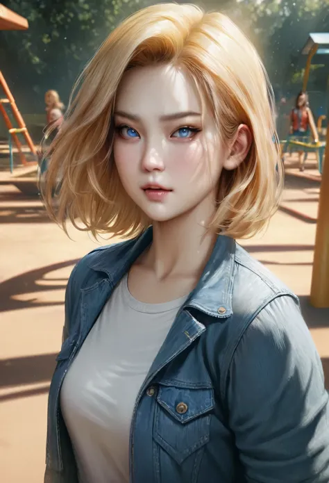 animetoreal,soft light, masterpiece, best quality,high quality,delicate face, realistic,photorealistic,1girl,,Android 18 from Dragon Ball, short hair, blue eyes, blonde hair, blue jacket,playground