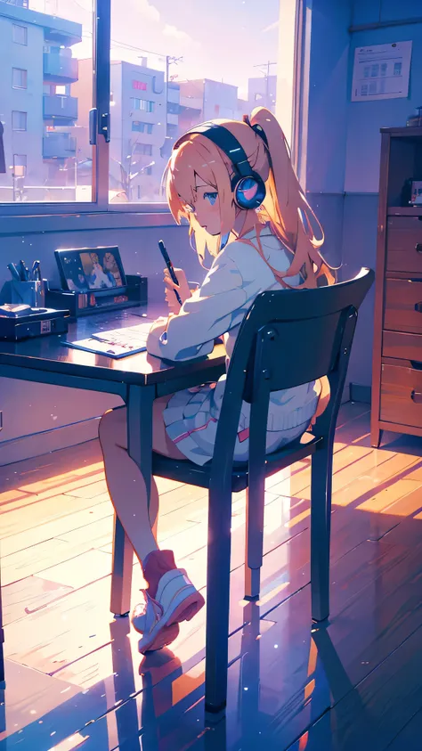 anime girl sitting at a desk with headphones on and writing, anime style 4 k, digital anime illustration, digital anime art, ani...