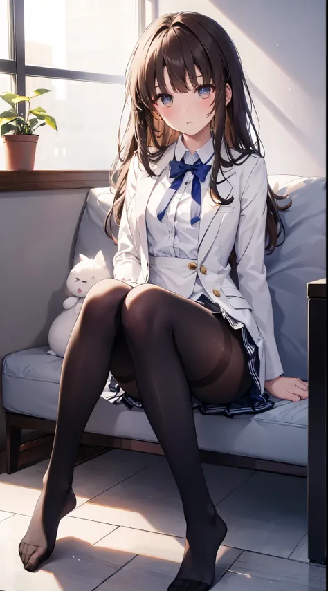 Top quality, masterpiece, High resolution, (Head to toe full body), front, frontやや下からの構図, Symmetric, Tall 18 year old girl, alone, (Head to toe), (Small breasts), Unkempt brown hair, bangs, (black tights), (Black Pantyhose), (Sit with your legs apart), (Cr...