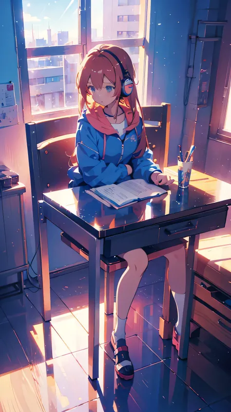 Anime girl sitting at a desk with headphones on and writing, Anime Style 4 k, Digital anime illustration, Digital anime art, Anime Style. 8k, Anime Moe Art Style, anime art wallpaper 4k, anime art wallpaper 4k, Anime Style illustration, Smooth anime CG art...