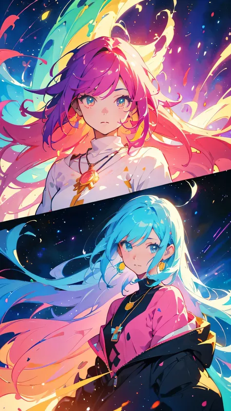 Close-up of a woman with colorful hair and necklace, Anime girl with space-like hair, Ross paints a soft, lively picture, Gvez-style artwork, Fantasy art style, colorful], Vivid fantasy style, Ross draws vibrant cartoons, cosmic and colorful, Gweitz, color...