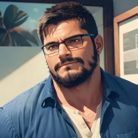 wild uncle, muscled, realistic, ultra quality, highly detailed, ultra hd, short beard, bulky, nerdy, soft expression,