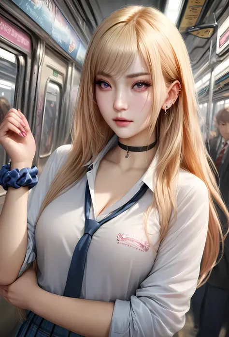 animetoreal,soft light, masterpiece, best quality,high quality,delicate face, realistic,photorealistic,1girl,,Marin Kitagawa, long hair, blonde hair, red eyes, piercing, earrings, ear piercing, stud earrings, black choker, loose necktie,  school uniform, w...