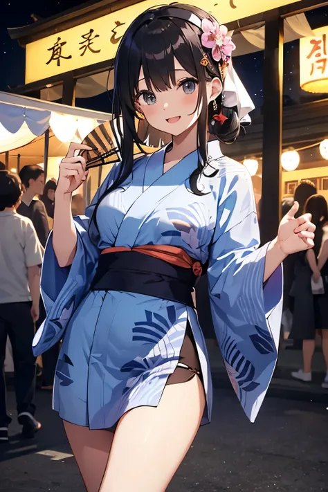 （Pretty sister:1.3）、happy face,Japanese、、、 Black Hair、A towel is wrapped around his head、Festival Happi Coats、A cloth wrapped around her bust、Show off your thighs、Having a fan、Dancing happily、、Background of the shrine festival、Tower、night、 looking at the c...