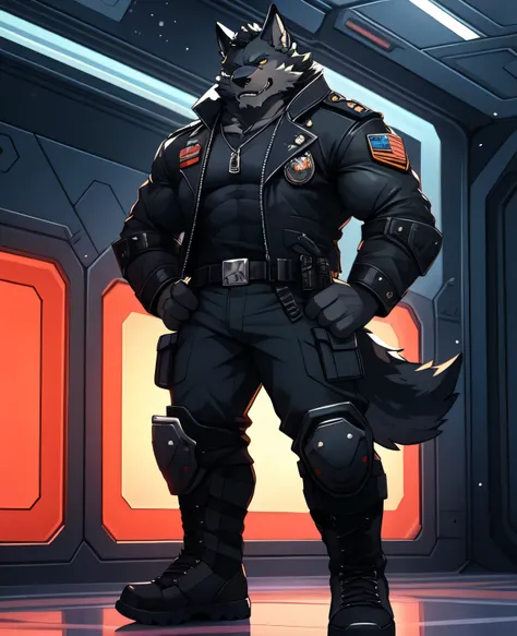 Best quality，Wolf Orc，Black fur，（Red pupil：1.2），（Strong body，Muscular：1.3），soldier，Handsome，Solitary，Standing，Bad laughter，（confident：1.2），（Hands on hips：1.2）（Black leather jacket：1.2），（Black T-shirt：1.2），Dark grey military pants，（Knee pads on the knees：1....