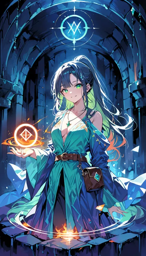 Colorful portrait illustration, (attractive female as a Wizard, ponytail, wear_length_Flowing_green_Complicated_Embroidered_Wizard_Robe), (necklace, Pouch, belt, smile, Very detailed face, masterpiece, highest quality), Very detailed, (In the dungeons), ma...