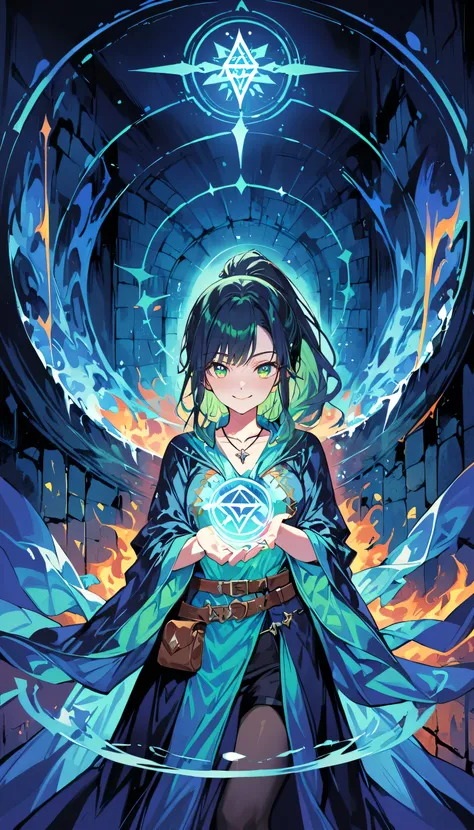 Colorful portrait illustration, (attractive female as a Wizard, ponytail, wear_length_Flowing_green_Complicated_Embroidered_Wizard_Robe), (necklace, Pouch, belt, smile, Very detailed face, masterpiece, highest quality), Very detailed, (In the dungeons), ma...