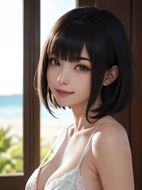 1 girl、highest quality、Realistic、alone、Written boundary depth、Natural soft light、Daytime、charm、Beautiful Face、Cleanliness、Pure Face、White skin、cute、short hair、prohibit、Beach、Light of the sun、Nedium Breast Body Esbian、((セーターを着たBeautiful Faceの黄金比 対称性のあるBeaut...