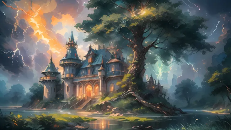 traditional watercolor painting (water color art: 1.5), an award wining, water color art, of a fantasy castle (masterpiece, best detailed, best quality: 1.4) , at night during lightning storm (masterpiece, best detailed, best quality: 1.4) in the forest at...