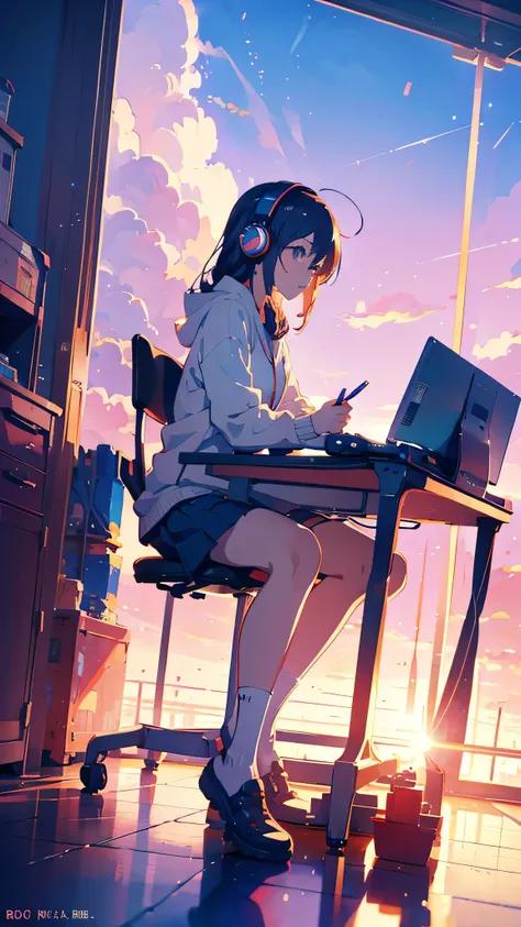 Anime girl sitting at a desk with headphones on and writing, Anime Style 4 k, Digital anime illustration, Digital anime art, Anime Style. 8k, Anime Moe Art Style, anime art wallpaper 4k, anime art wallpaper 4k, Anime Style illustration, Smooth anime CG art...