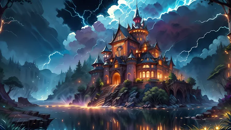 traditional watercolor painting (water color art: 1.5), an award wining, water color art, of a fantasy castle (masterpiece, best detailed, best quality: 1.4) , at night during lightning storm (masterpiece, best detailed, best quality: 1.4) in the forest at...