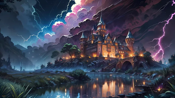 traditional watercolor painting (water color art: 1.5), an award wining, water color art, of a fantasy castle (masterpiece, best detailed, best quality: 1.4) , at night during lightning storm (masterpiece, best detailed, best quality: 1.4) in the forest at...