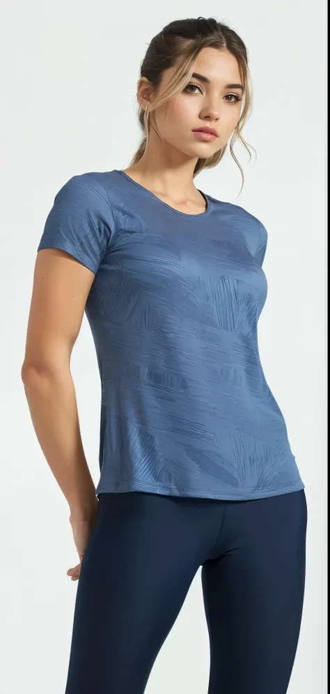 a woman in a blue blouse and leggings stands against a white background, camiseta azul apertada, sport Camiseta, camisa azul, roupas esportivas, Camiseta, camiseta, camisa nike, graphic t-shirts, Manga curta, Roupas casuais modernas, imagens no site de ven...