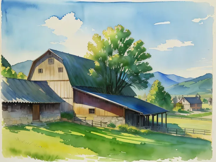 Watercolor landscape painting，This painting depicts a barn and cows, ( watercolor ), author：Roy Newell, watercolor on paper, author：Fred Mitchell, watercolor painting, watercolor, watercolor colored painting, author：Franz Haji, author：Jim Nelson, author：Ha...