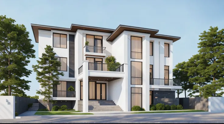 PLATFORM KTHOUSE, 1 morden villa, slope roof, main material of villa about build color wall:1.2 glass panel:1.1 and stone:1.2, 1large yard, 1 road runs in front of the house, (RAW photo, real, best quality, masterpiece:1.2), look morden minimalist, 1 road ...