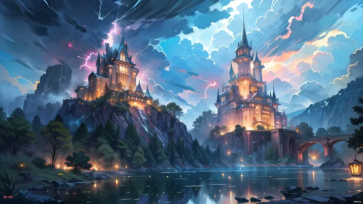 traditional watercolor painting (water color art: 1.5), an award wining, water color art, of a fantasy castle (masterpiece, best detailed, best quality: 1.4) , at night during lightning storm (masterpiece, best detailed, best quality: 1.4) in the forest at...